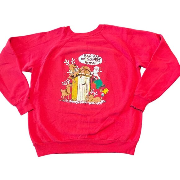 Vintage 90s Red Christmas Sweatshirt Santa Reindeer Graphic Schmidt House XL - Picture 1 of 6